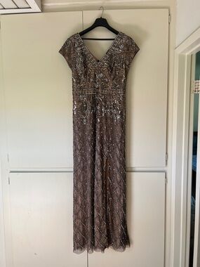 Adrianna Papell Beaded Taupe and Silver Cocktail Gown